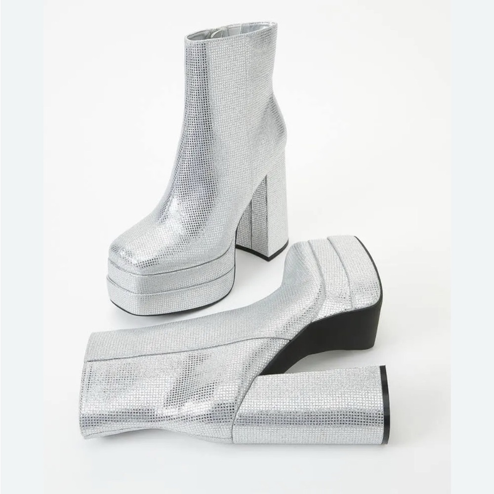 SHOE DAZZLE Silver Platform Ankle Chunky Heel Boots Rhinestone Shoes Size 6.5 - Picture 5 of 12